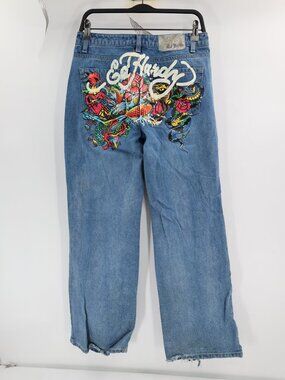 Y2K Ed Hardy Jeans Women 28 L31 Baggy Retro Snake Fish Dragon Hearts Tattoo Art